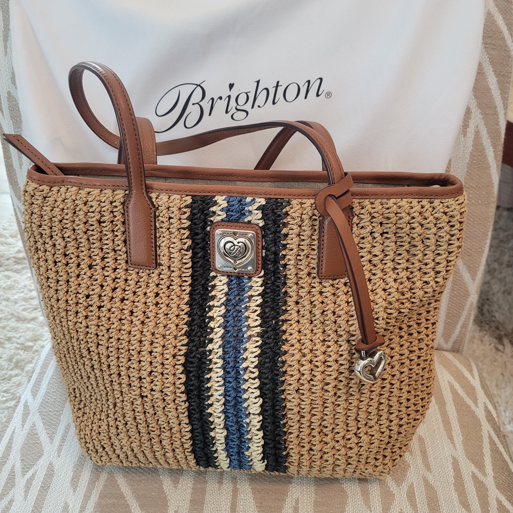 Brighton Straw Woven Tote Bag With Center Stripes